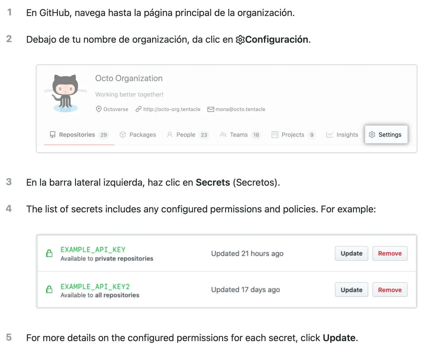 Página de secretos en GitHub